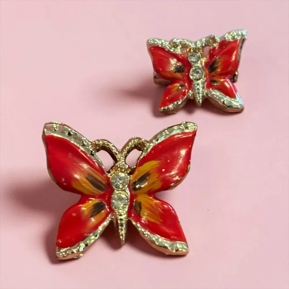 Vintage Red Enamel Butterfly Brooch Set Rhinestone Gold Tone Mother Daughter